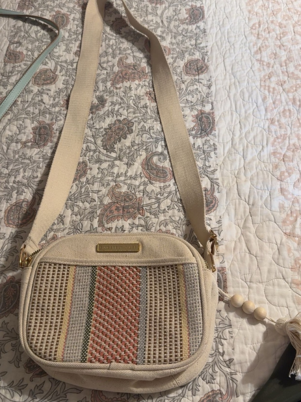 Sincerely Jules Beige Crossbody Bag with Multicolor Woven Stripe